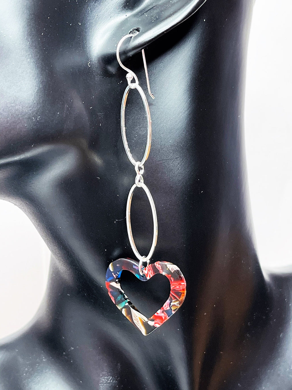 Rainbow Heart Tortoise Shell Earrings, Silver Acrylic Drops,