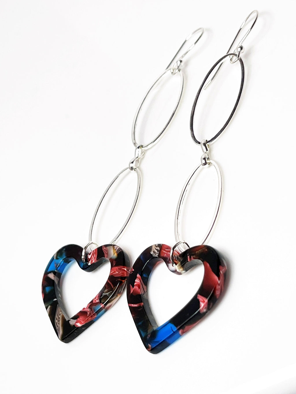 Rainbow Heart Tortoise Shell Earrings, Silver Acrylic Drops,