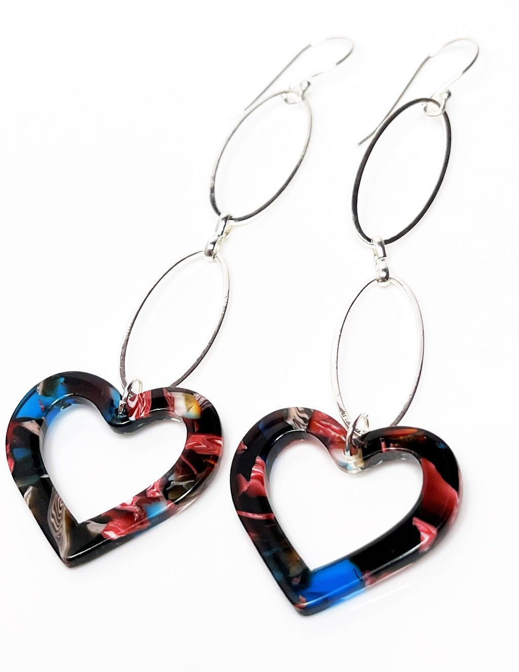 Rainbow Heart Tortoise Shell Earrings, Silver Acrylic Drops,