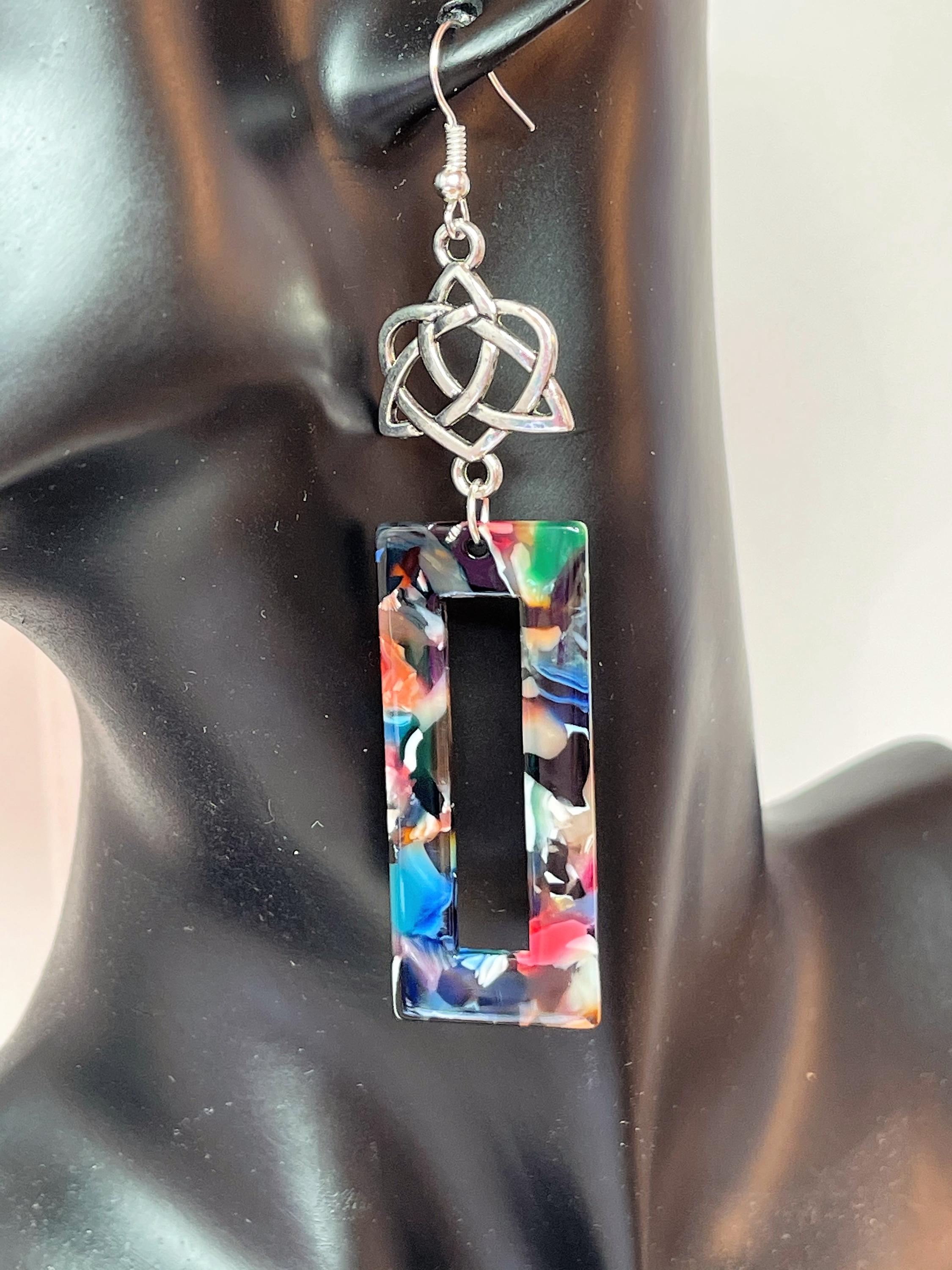 Multicolour Rectangle Tortoise Shell Earrings, Silver Acrylic Drops, Statement Earrings, Modern Jewellery, Earrings for Women, Gift for Her