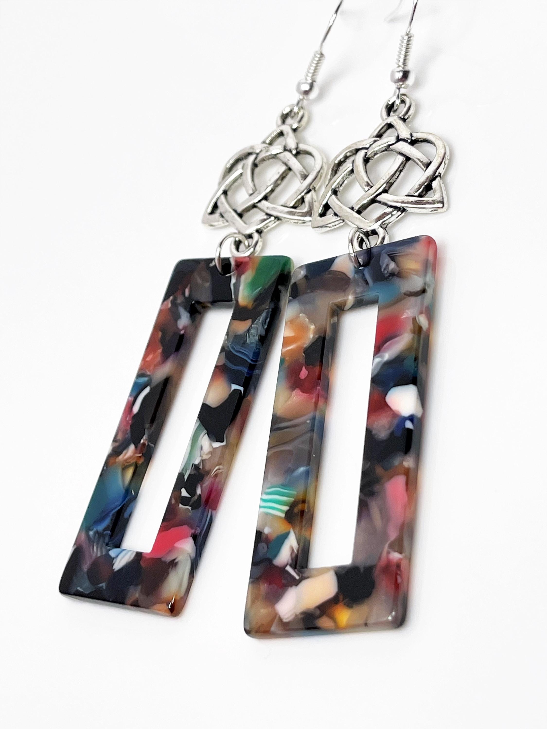 Multicolour Rectangle Tortoise Shell Earrings, Silver Acrylic Drops, Statement Earrings, Modern Jewellery, Earrings for Women, Gift for Her