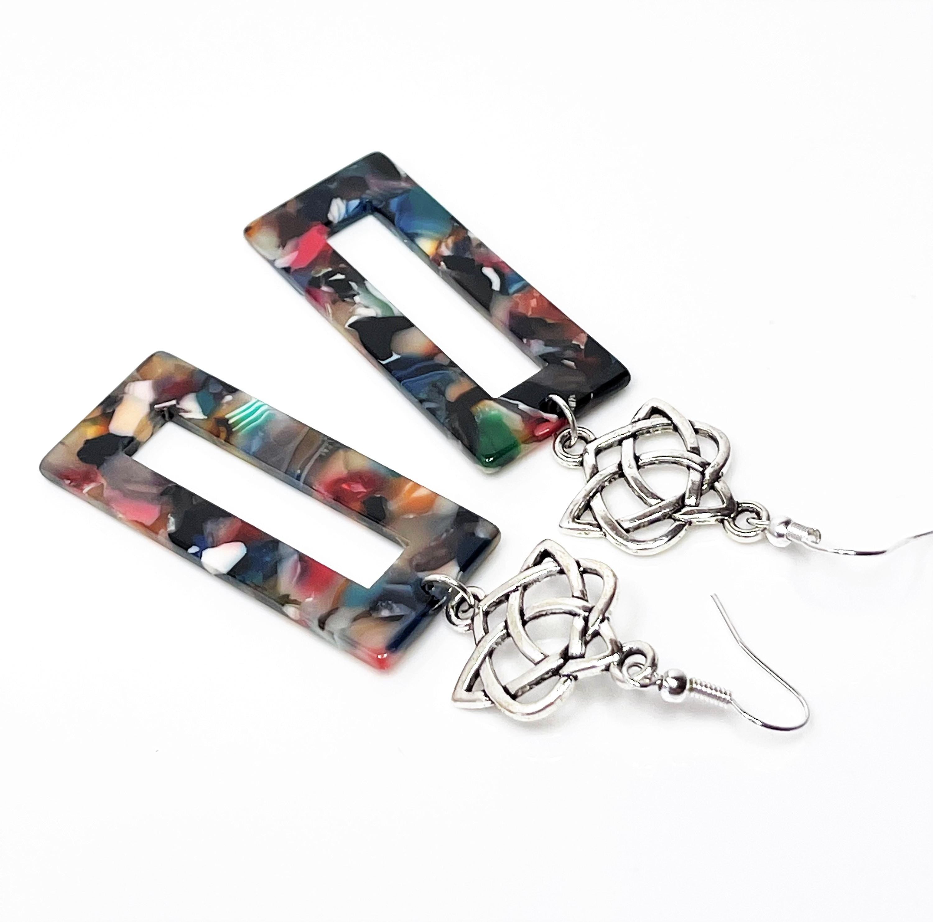 Multicolour Rectangle Tortoise Shell Earrings, Silver Acrylic Drops, Statement Earrings, Modern Jewellery, Earrings for Women, Gift for Her