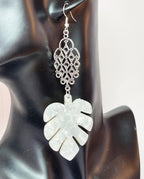 White Leaf Tortoise Shell Earrings, Silver Filigree Acrylic Drops, Statement Earrings, Modern Jewellery, Earrings for Women, Gift for Her
