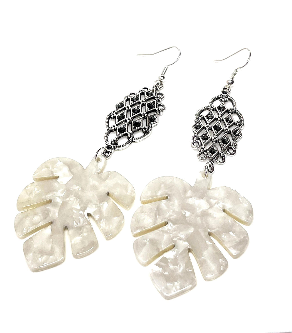 White Leaf Tortoise Shell Earrings, Silver Filigree Acrylic Drops, Statement Earrings, Modern Jewellery, Earrings for Women, Gift for Her
