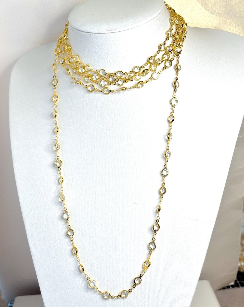 Extra Long Clear Round CZ Crystal Chain Necklace - Gold Plated - No Clasp - 78 Inch