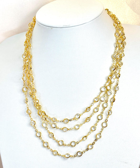 Extra Long Clear Round CZ Crystal Chain Necklace - Gold Plated - No Clasp - 78 Inch