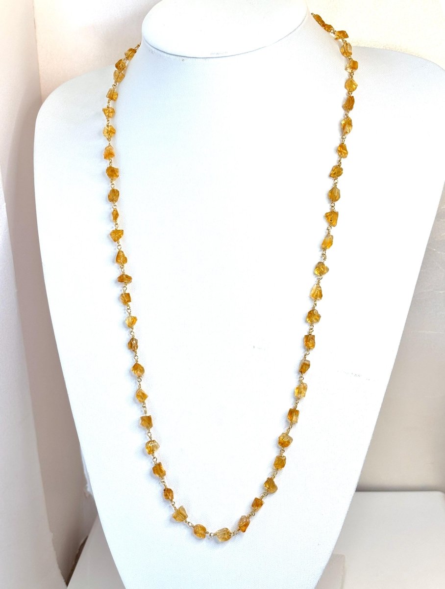 Raw Natural Citrine Stone Chain Necklace | 24 Inche  | Gold Plated | November Birthstone Jewelry