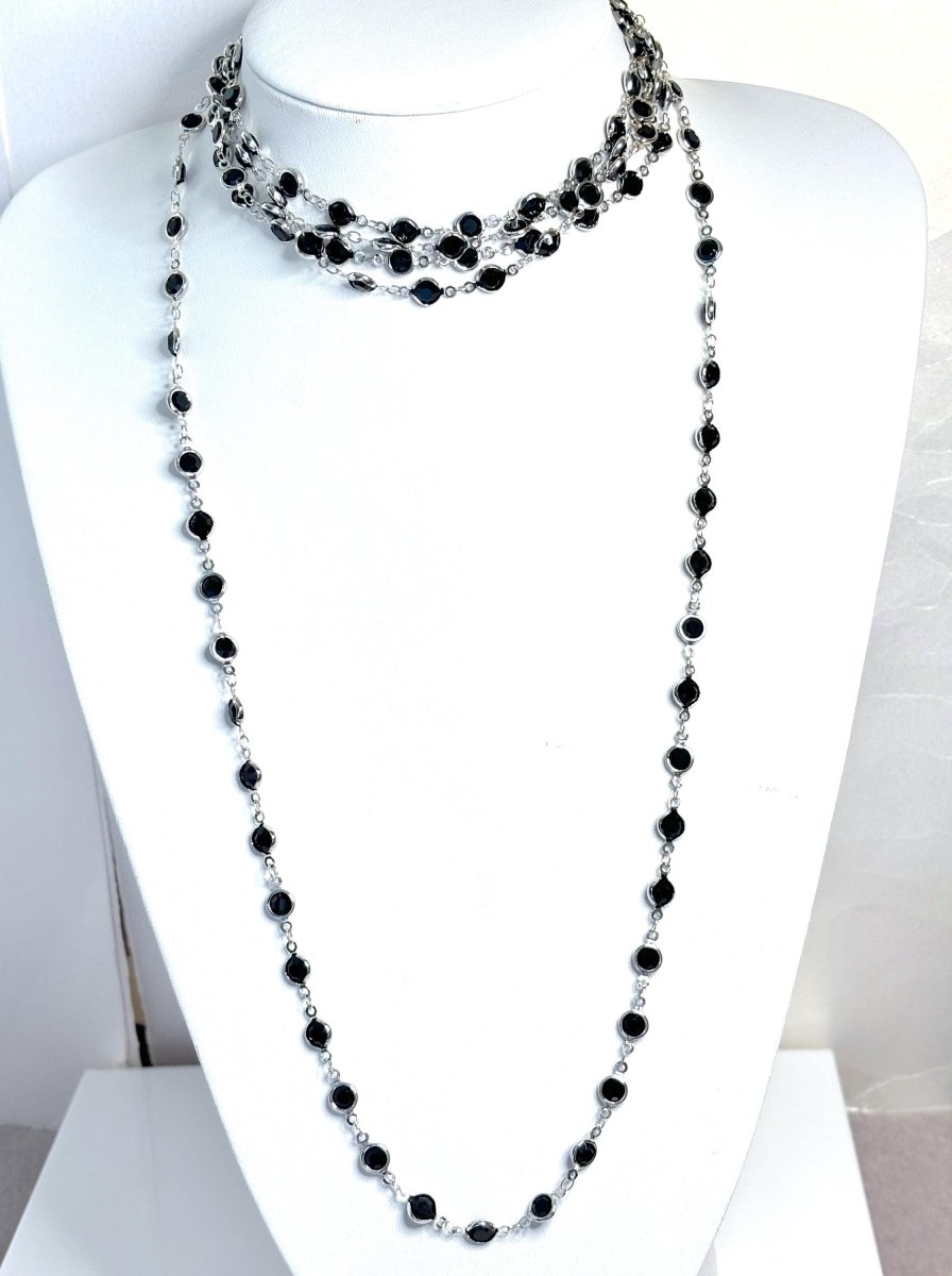 Extra Long Black Round CZ Crystal Chain Necklace - Silver Tone - No Clasp - 78 Inch Length