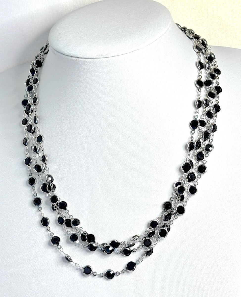 Extra Long Black Round CZ Crystal Chain Necklace - Silver Tone - No Clasp - 78 Inch Length