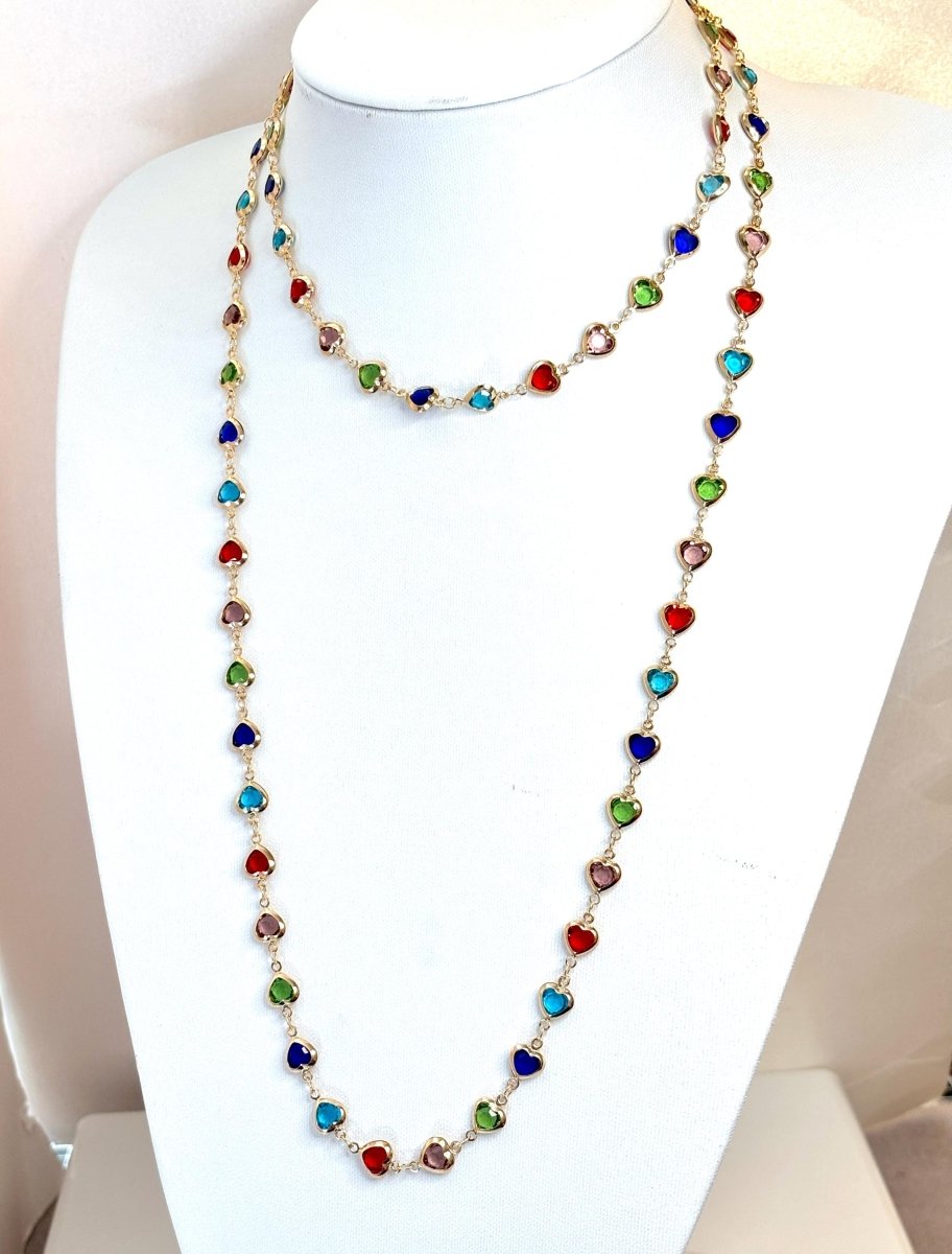 Extra Long Multicolour Heart Crystal Chain Necklace | Gold Tone | No Clasp | 40 Inch Length