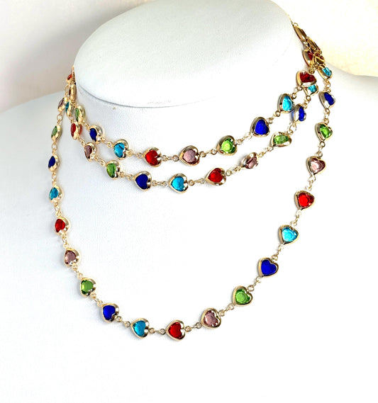 Extra Long Multicolour Heart Crystal Chain Necklace | Gold Tone | No Clasp | 40 Inch Length