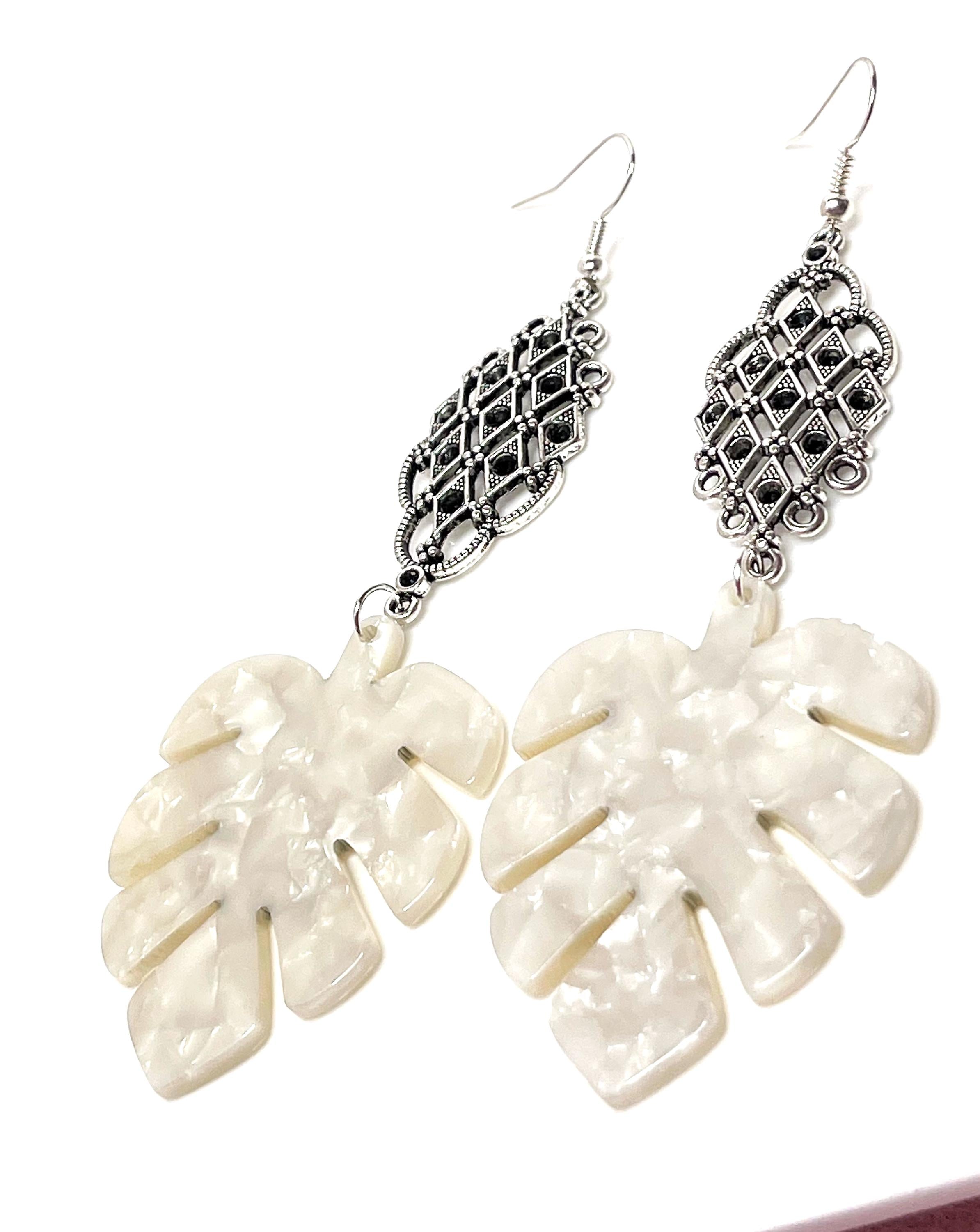 White Leaf Tortoise Shell Earrings, Silver Filigree Acrylic Drops, Statement Earrings, Modern Jewellery, Earrings for Women, Gift for Her