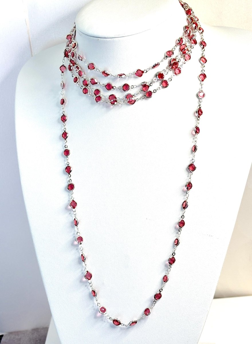 Extra Long Red CZ Crystal Chain Necklace | Silver Tone | 78 or 40 Inch Length