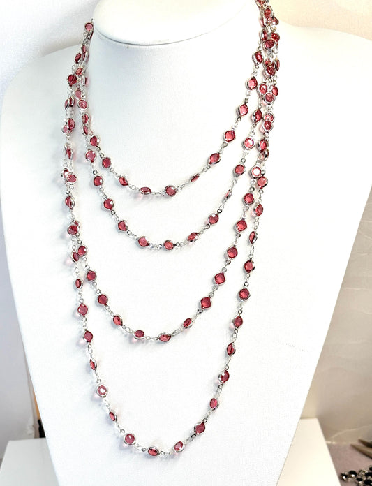 Extra Long Red CZ Crystal Chain Necklace | Silver Tone | 78 or 40 Inch Length