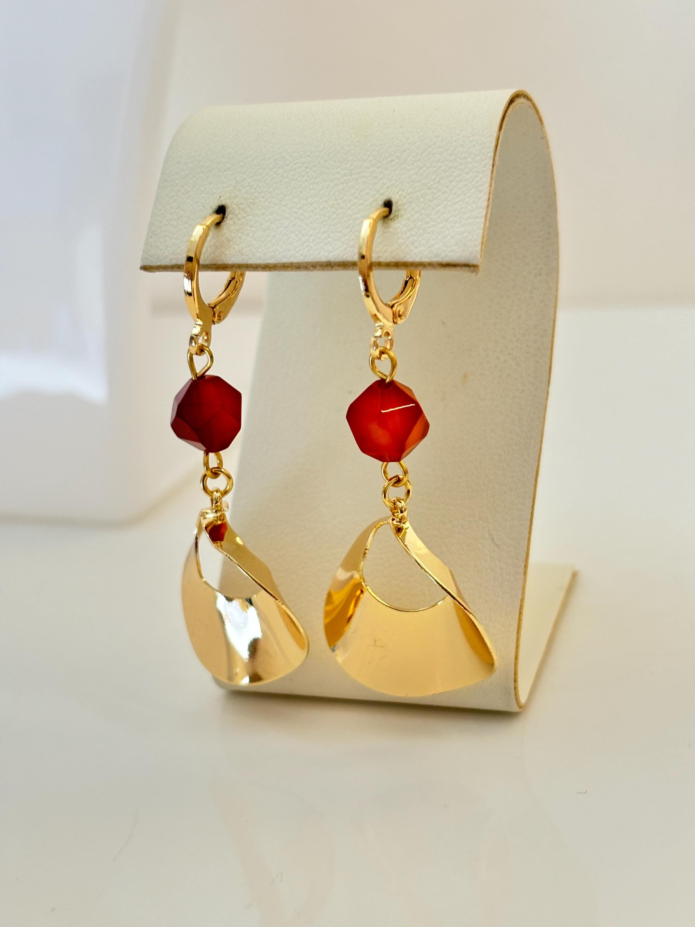 Boho Carnelian Huggie Earrings, Natural Stone, Statement Drops, Earrings for Women, Genuine Gemstone, Carnelian Jewelry, Dangle Earrings