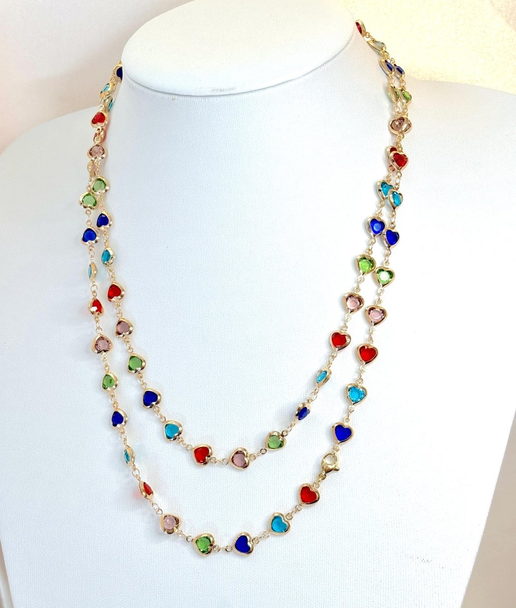 Extra Long Multicolour Heart Crystal Chain Necklace | Gold Tone | No Clasp | 40 Inch Length