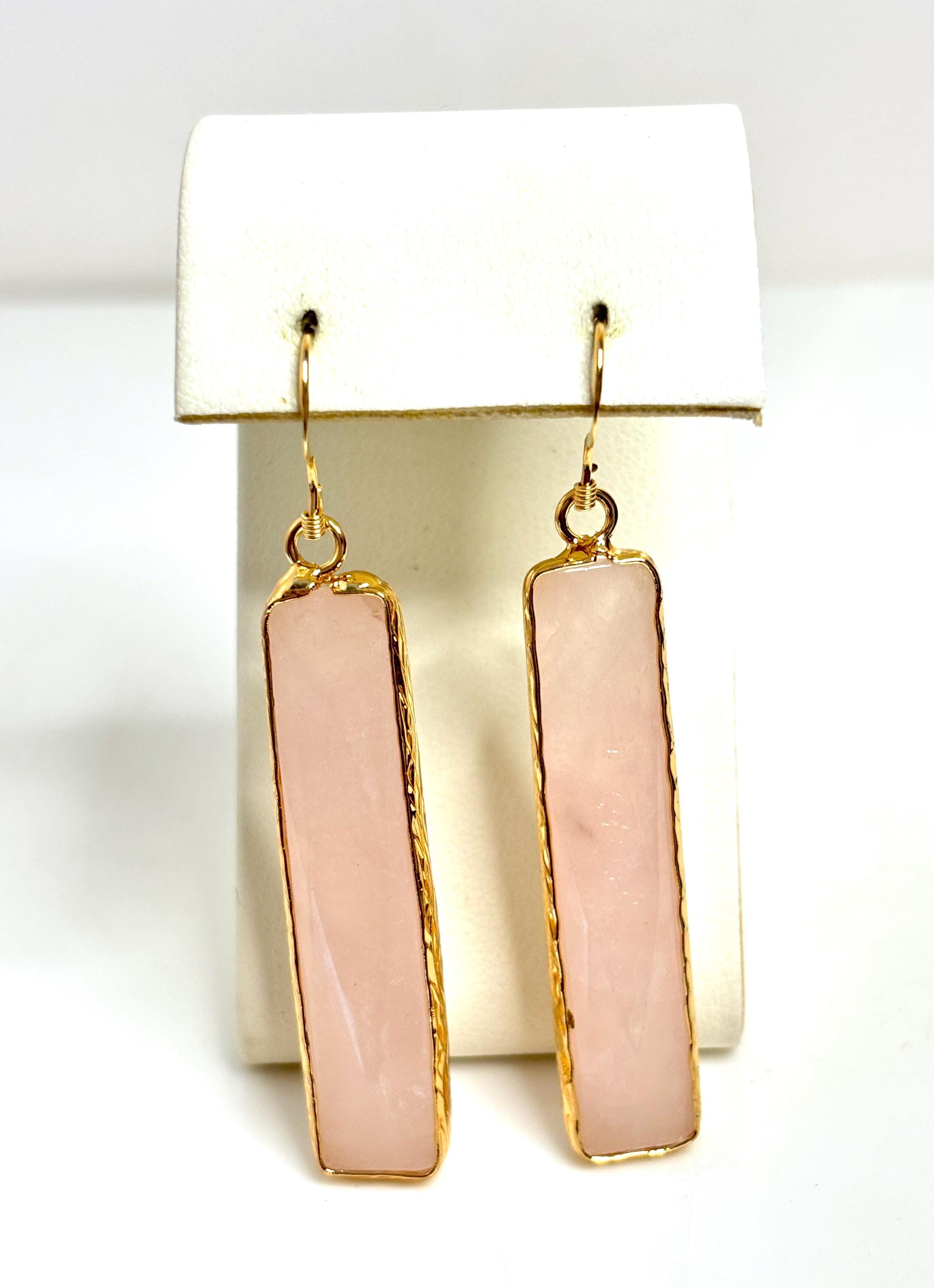 Natural Rose Quartz Gold Filled Earrings, Long Thin Drops, Geometric Earrings, January Birthstone, Gemstone Earrings for women, Gift for Her
