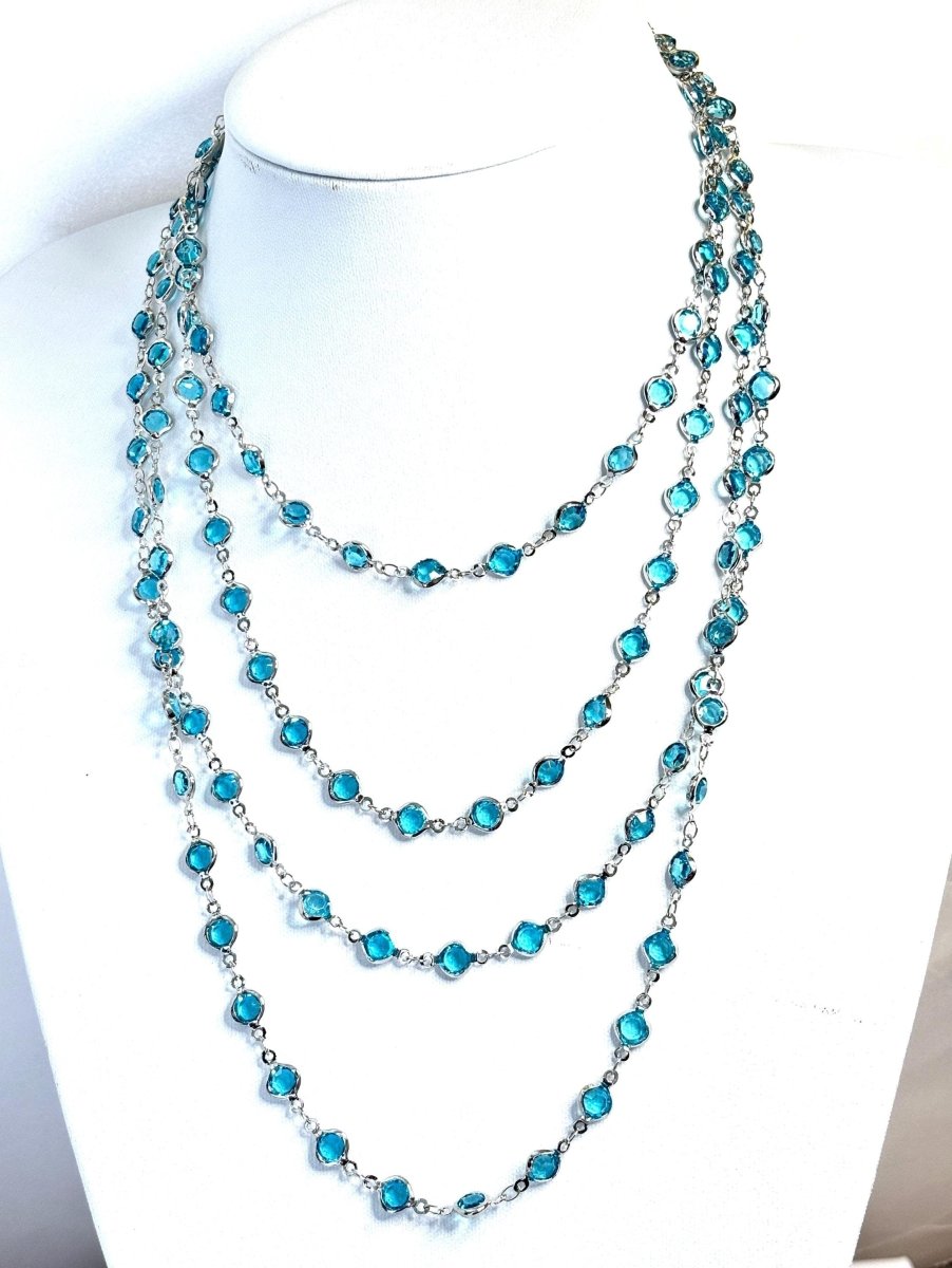 Extra Long Aquamarine Blue CZ Crystal Chain Necklace | Silver Tone | 78 or 40 Inch Length