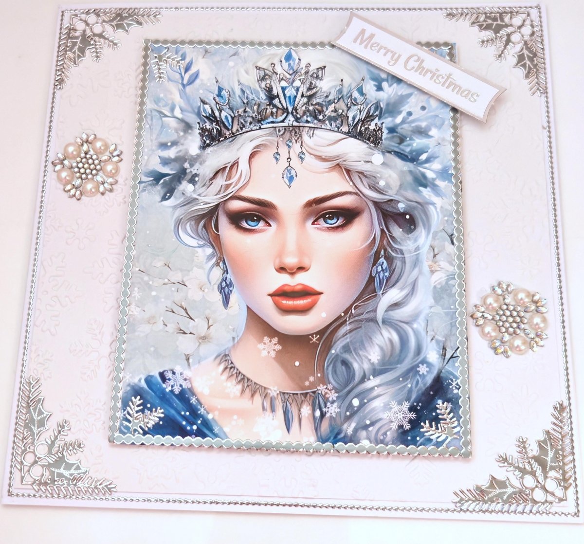 Luxury Handmade Snow Queen Christmas Card | Holiday Greeting Card | 3D Pearl Snowflakes