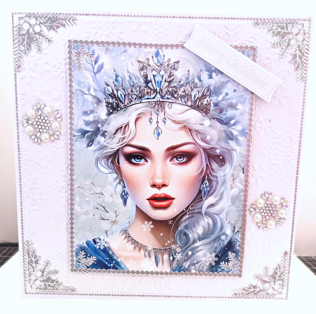 Luxury Handmade Snow Queen Christmas Card | Holiday Greeting Card | 3D Pearl Snowflakes