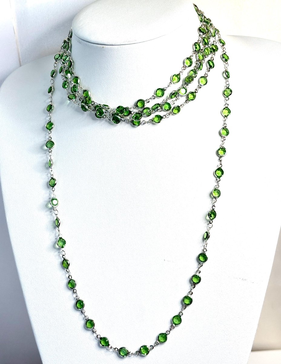 Extra Long Peridot Green CZ Crystal Chain Necklace | Silver Tone | 78 or 40 Inch Length