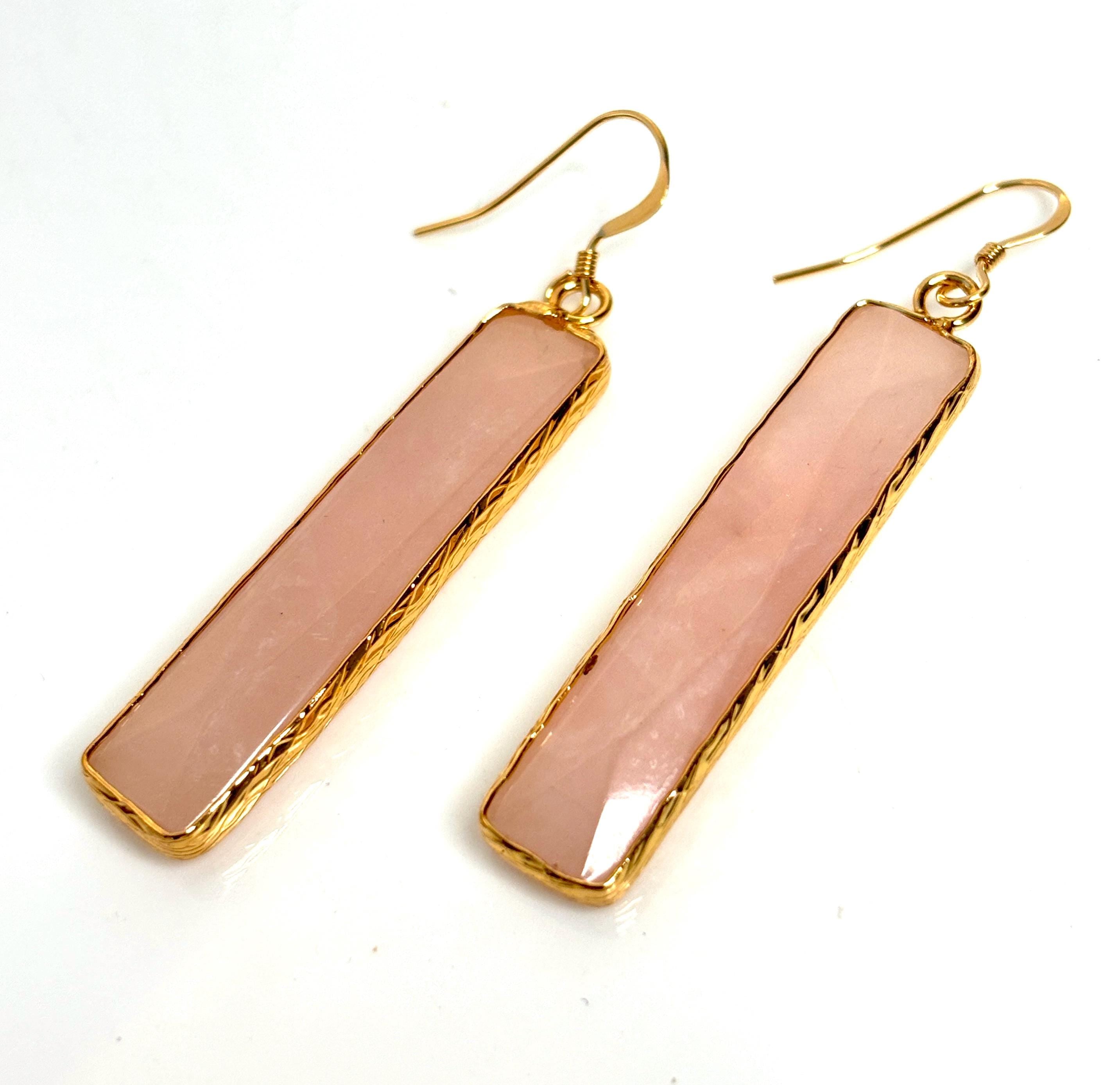 Natural Rose Quartz Gold Filled Earrings, Long Thin Drops, Geometric Earrings, January Birthstone, Gemstone Earrings for women, Gift for Her