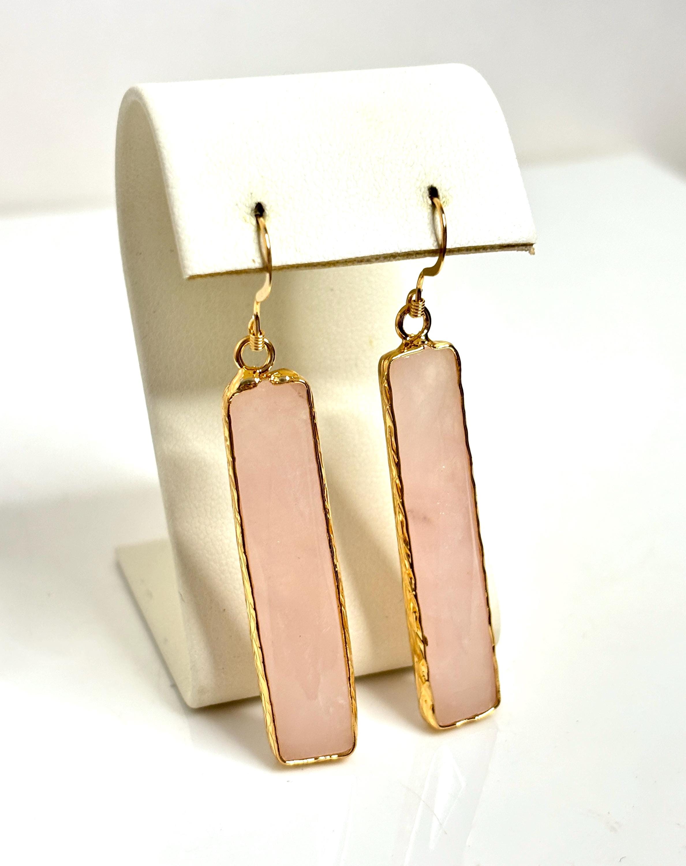 Natural Rose Quartz Gold Filled Earrings, Long Thin Drops, Geometric Earrings, January Birthstone, Gemstone Earrings for women, Gift for Her