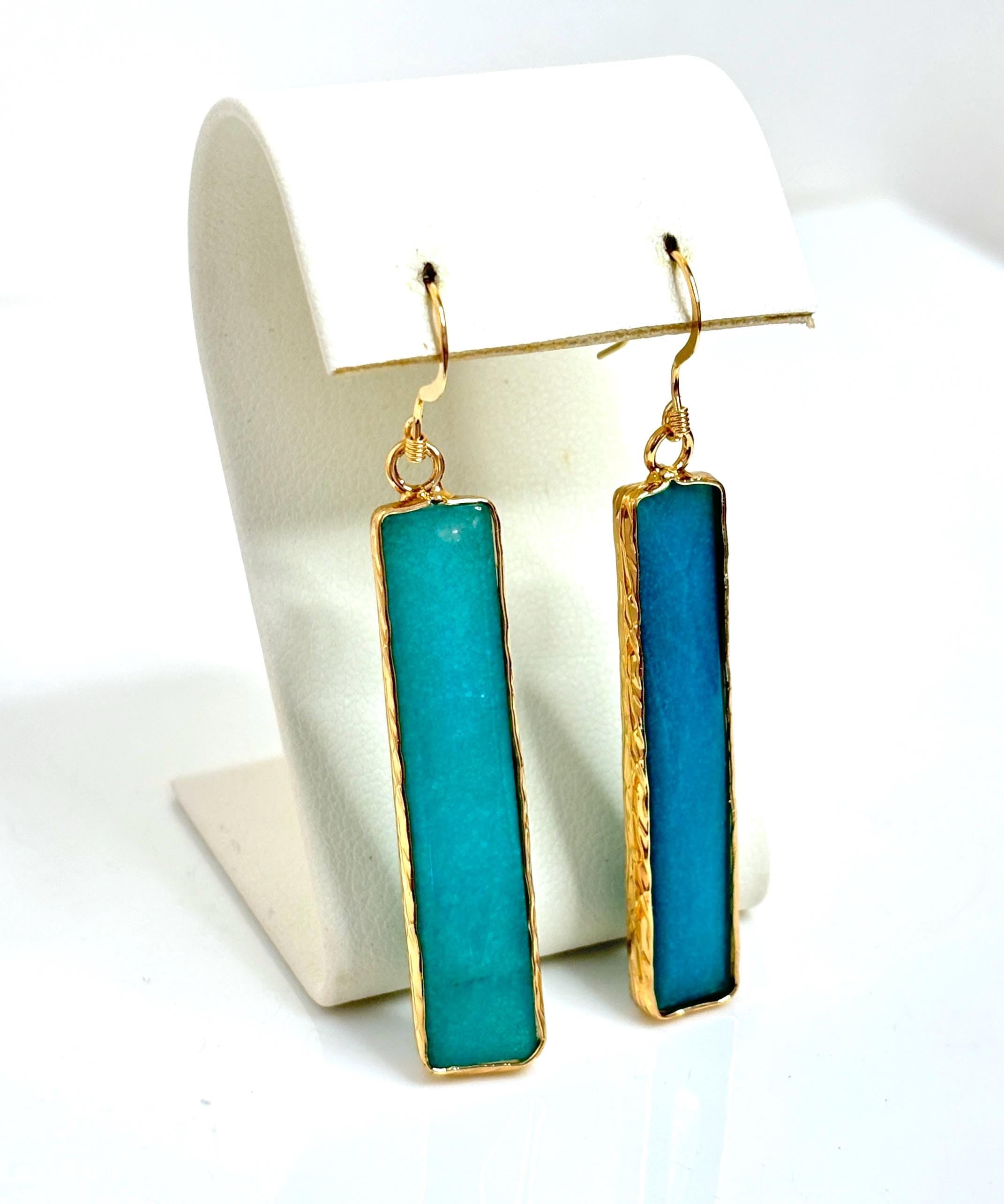 Natural Amazonite Gold Filled Earrings, Long Thin Drops, Geometric Earrings, August Birthstone, Gemstone Earrings for women, Gift for Her
