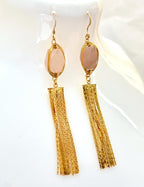 Rose Quartz Extra Long Gold Tassel Earrings, 70mm Long Chain Drops, Gold Fringe Earrings, Slim Chain Dangles, Earrings for Women