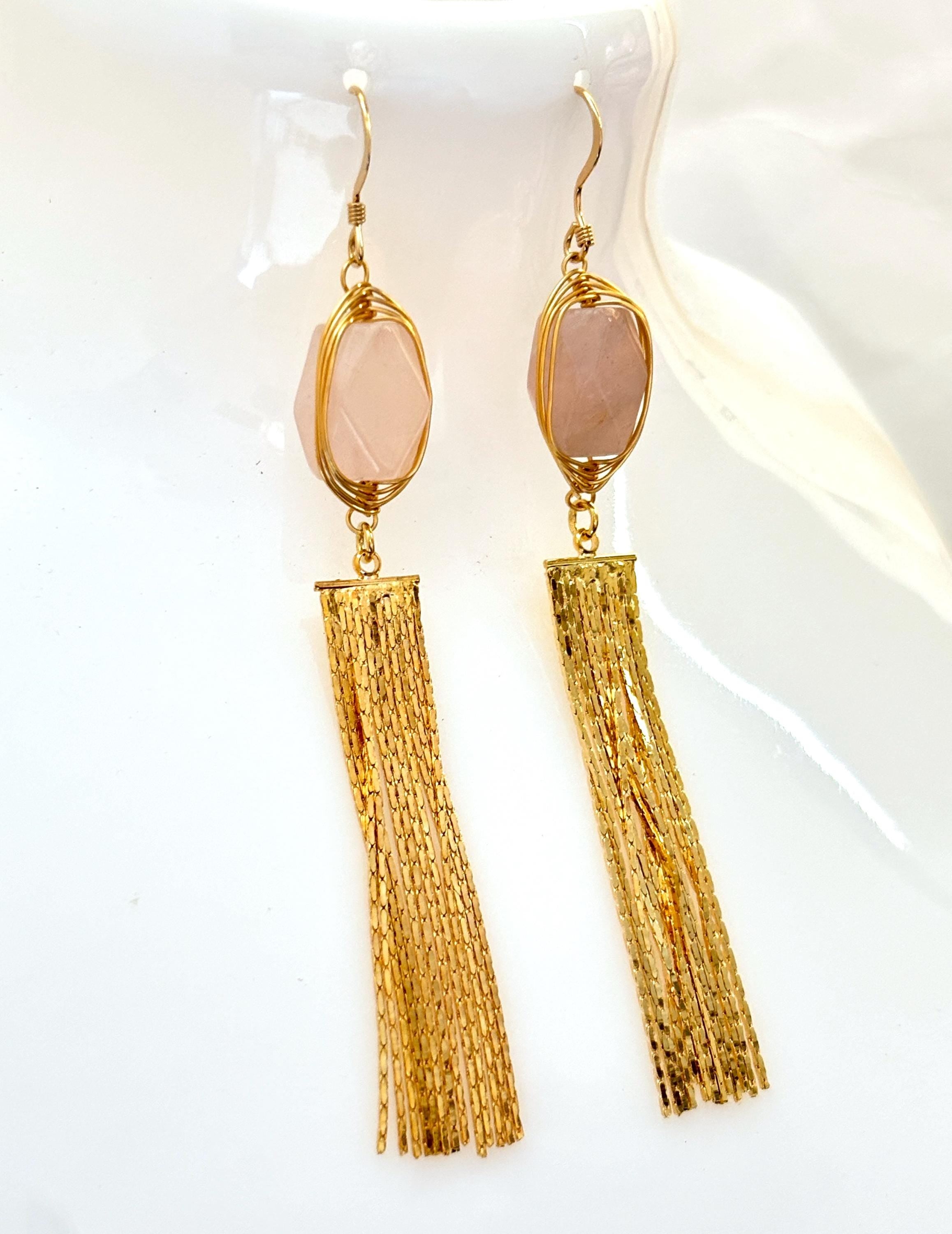 Rose Quartz Extra Long Gold Tassel Earrings, 70mm Long Chain Drops, Gold Fringe Earrings, Slim Chain Dangles, Earrings for Women