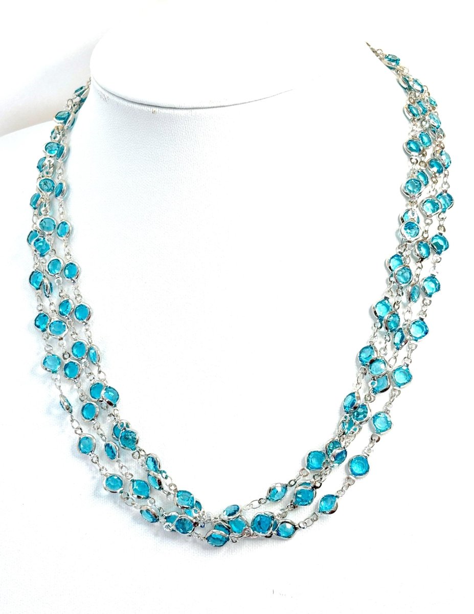 Extra Long Aquamarine Blue CZ Crystal Chain Necklace | Silver Tone | 78 or 40 Inch Length