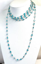 Extra Long Aquamarine Blue CZ Crystal Chain Necklace | Silver Tone | 78 or 40 Inch Length
