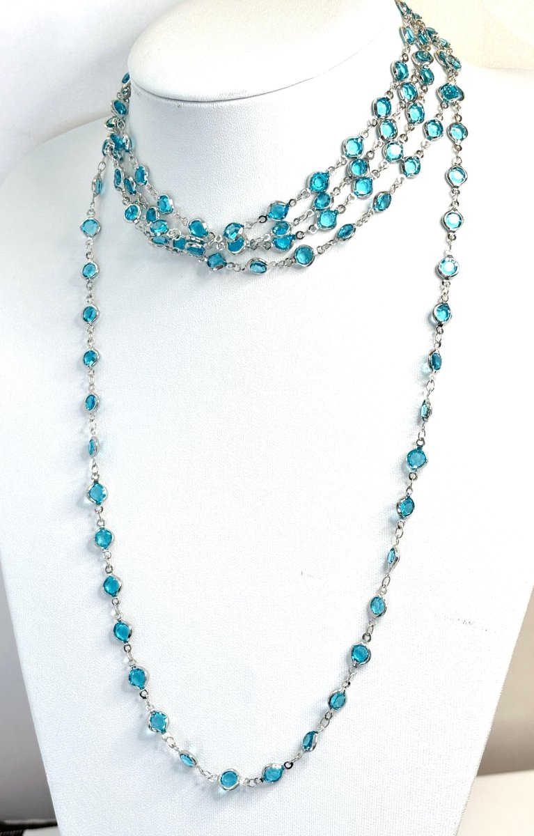 Extra Long Aquamarine Blue CZ Crystal Chain Necklace | Silver Tone | 78 or 40 Inch Length