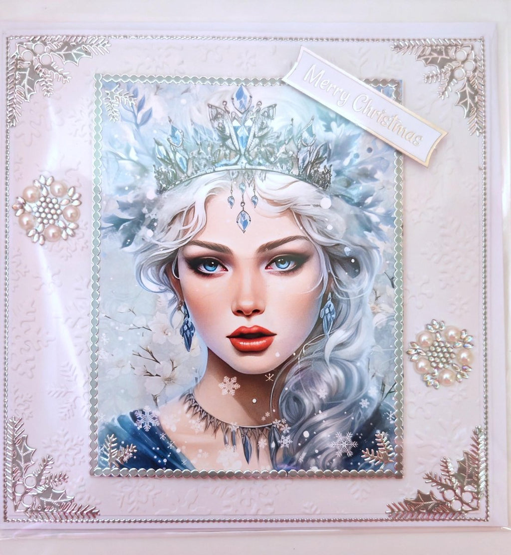 Luxury Handmade Snow Queen Christmas Card | Holiday Greeting Card | 3D Pearl Snowflakes