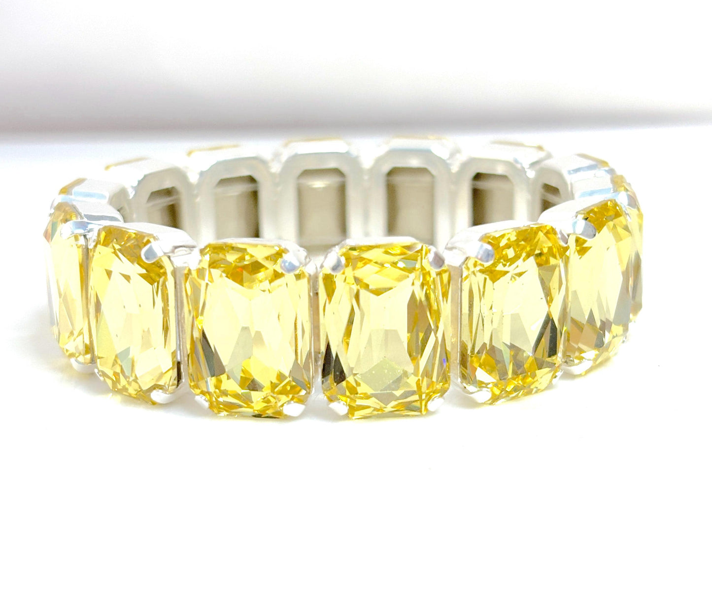 Large Yellow Crystal Bracelet | Stretch Bracelet | Silver Plated