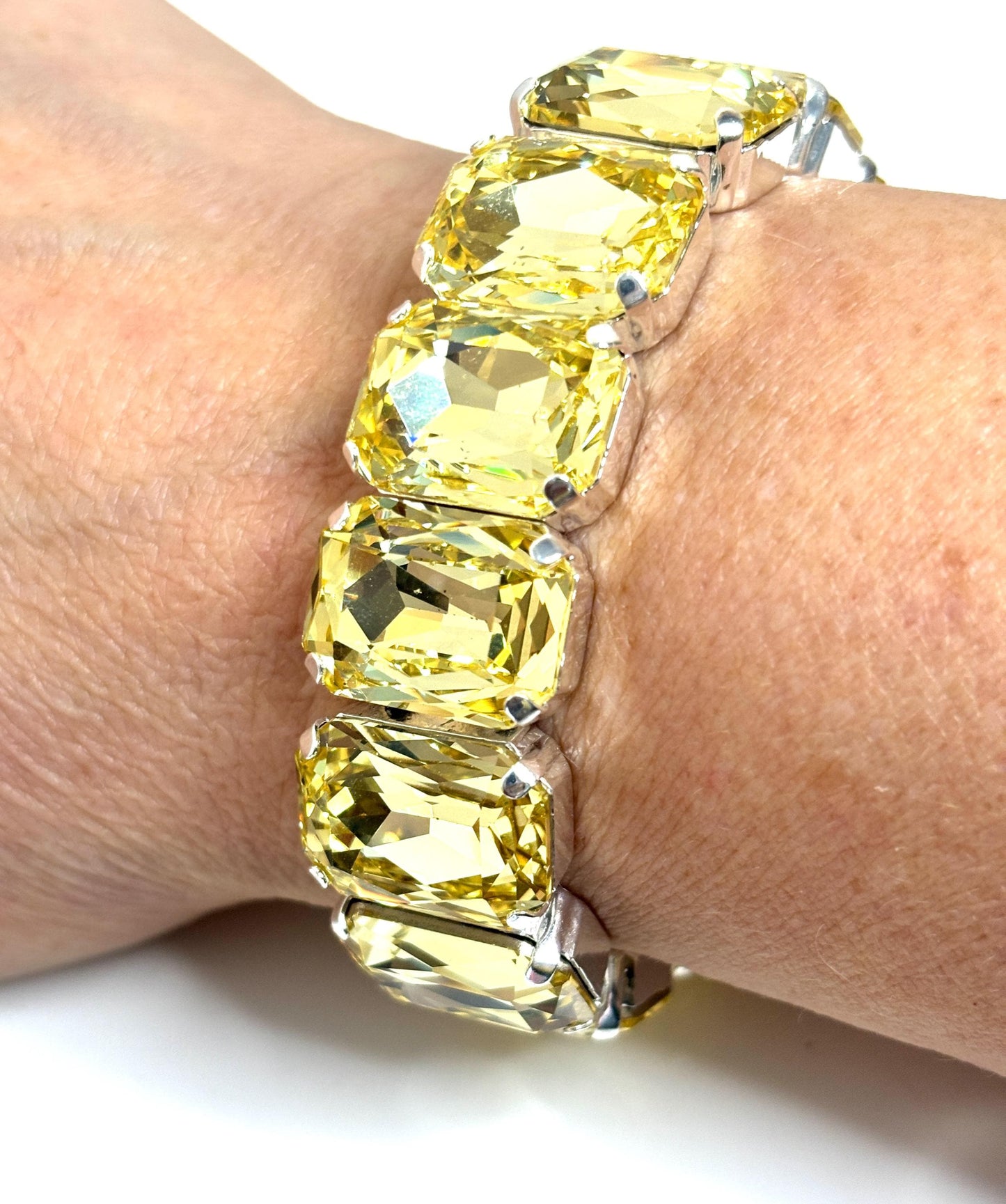 Large Yellow Crystal Bracelet | Stretch Bracelet | Silver Plated