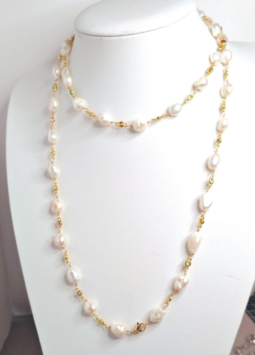 Natural Freshwater Pearl Stone Chain Necklace | Gold Plated
