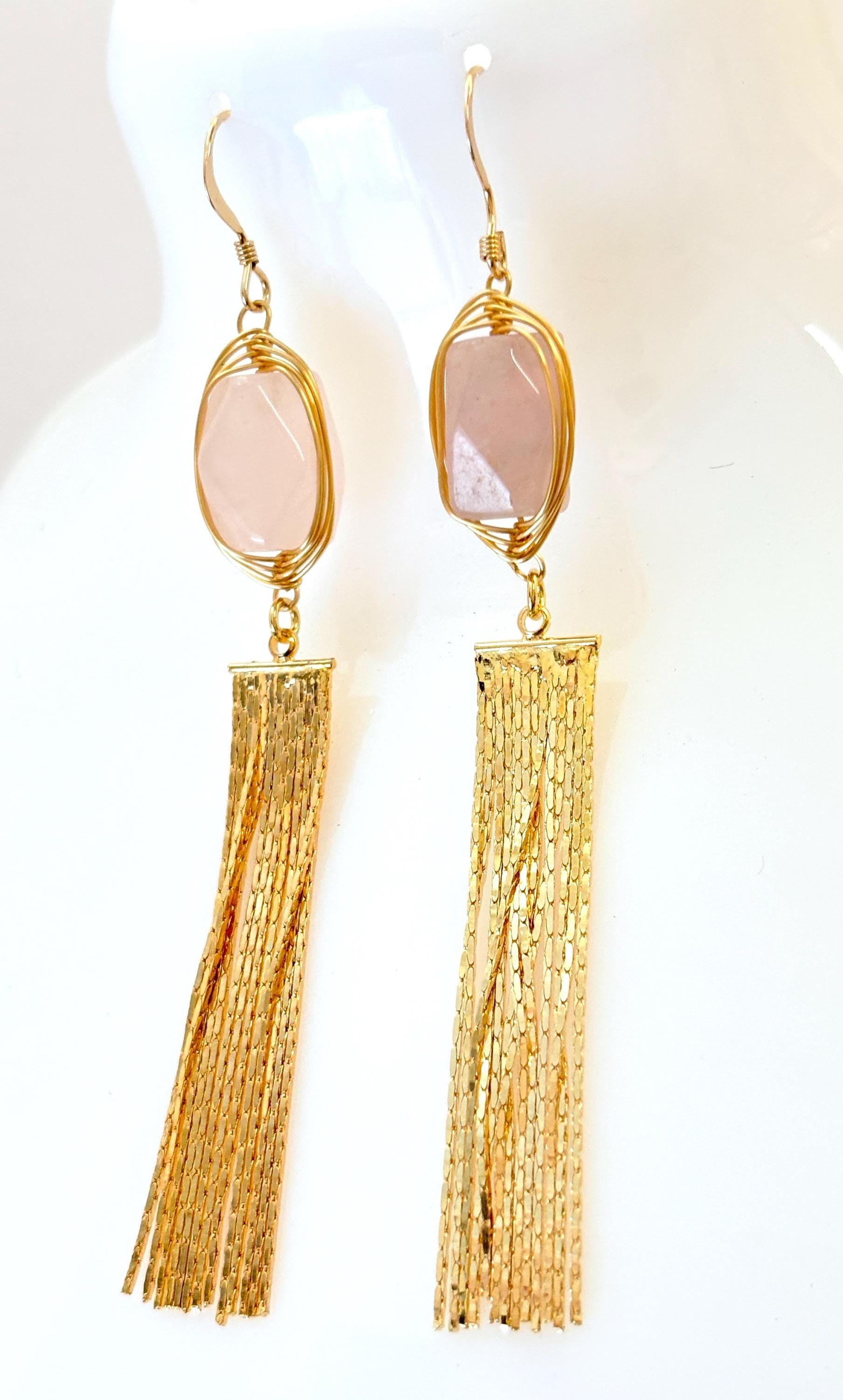 Rose Quartz Extra Long Gold Tassel Earrings, 70mm Long Chain Drops, Gold Fringe Earrings, Slim Chain Dangles, Earrings for Women