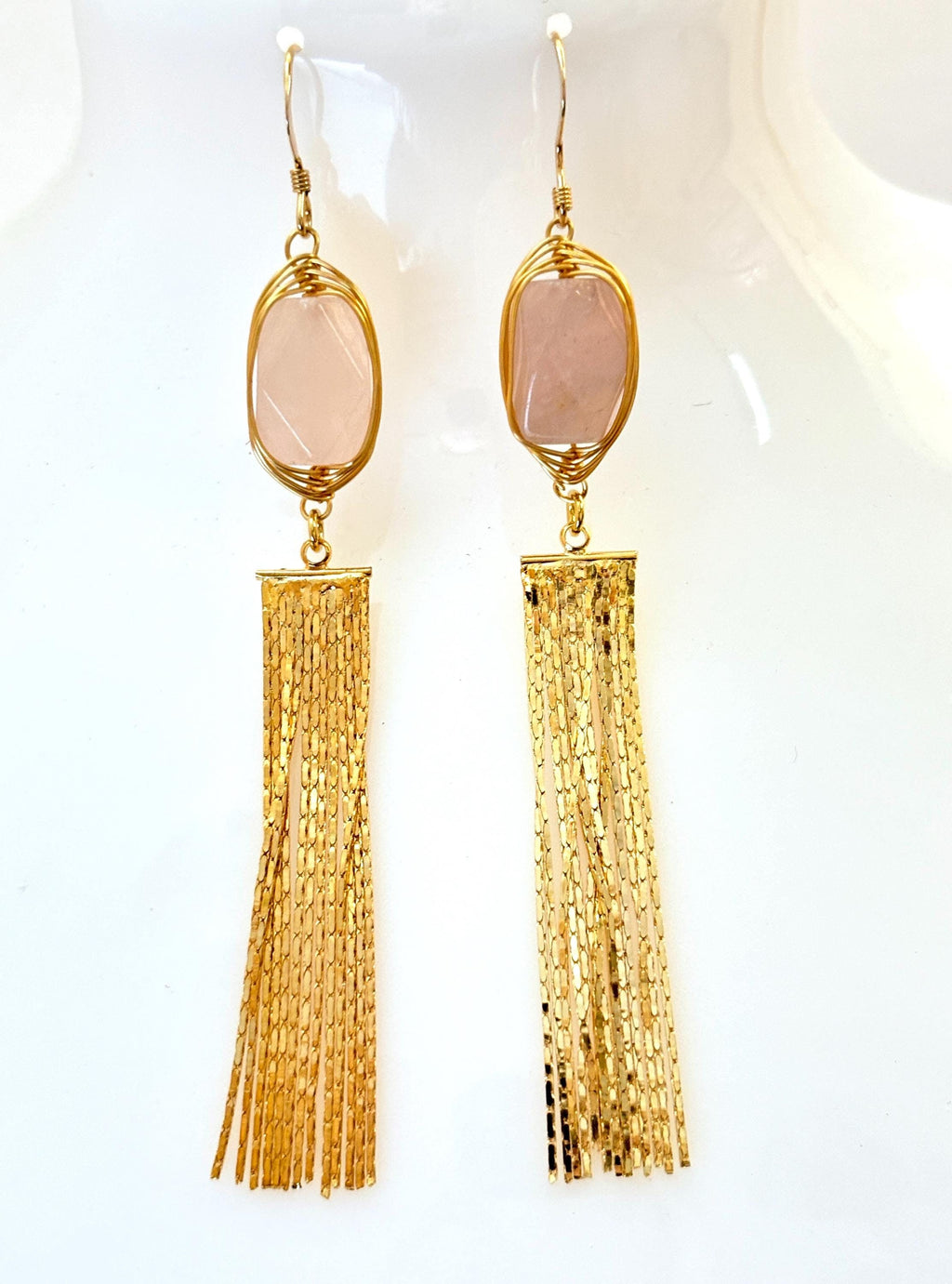 Rose Quartz Extra Long Gold Tassel Earrings, 70mm Long Chain Drops, Gold Fringe Earrings, Slim Chain Dangles, Earrings for Women
