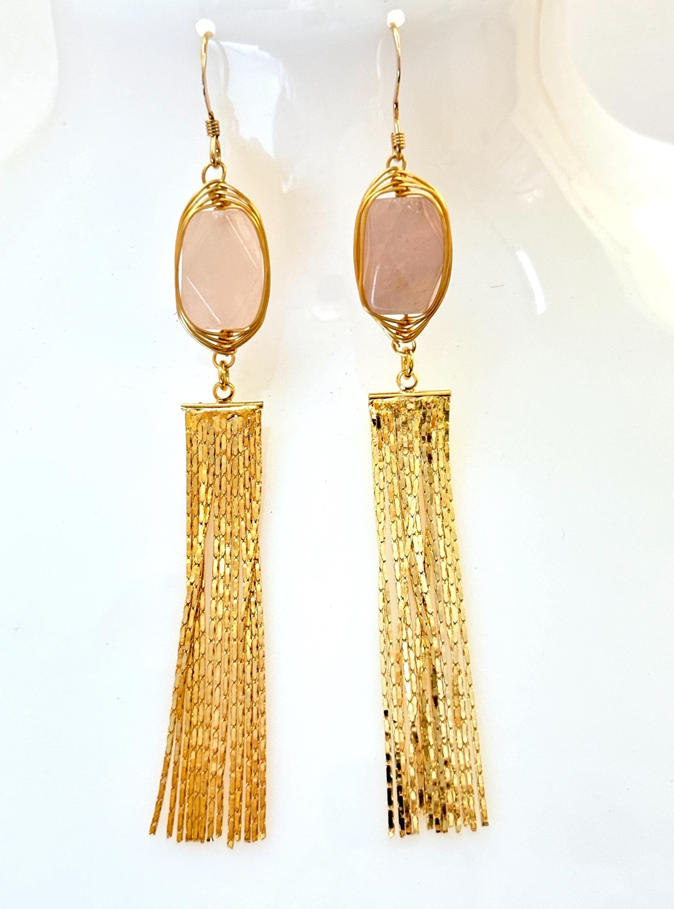 Rose Quartz Extra Long Gold Tassel Earrings, 70mm Long Chain Drops, Gold Fringe Earrings, Slim Chain Dangles, Earrings for Women