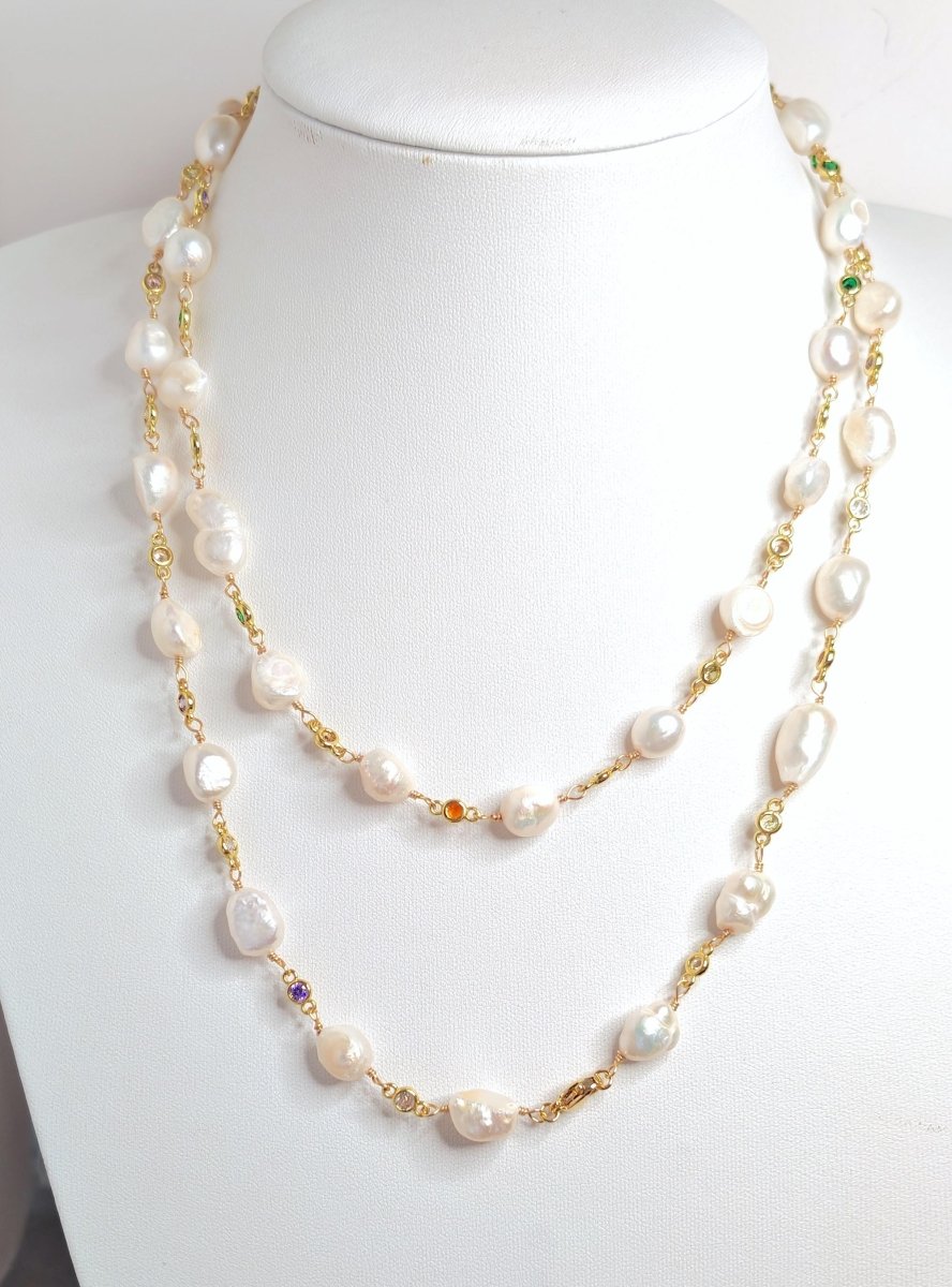 Natural Freshwater Pearl Stone Chain Necklace | Gold Plated