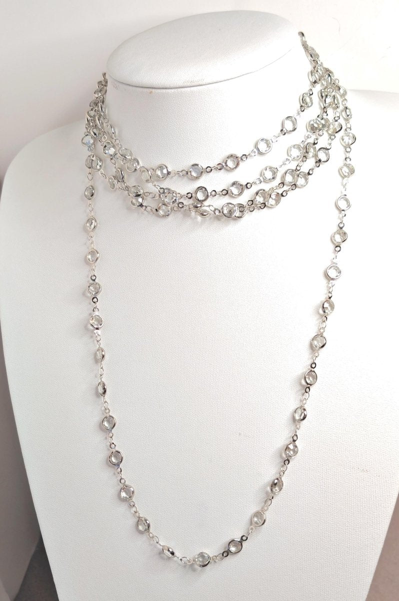 Very Long Clear CZ Crystal Chain Necklace | Silver Plated | 78 or 40 Inch