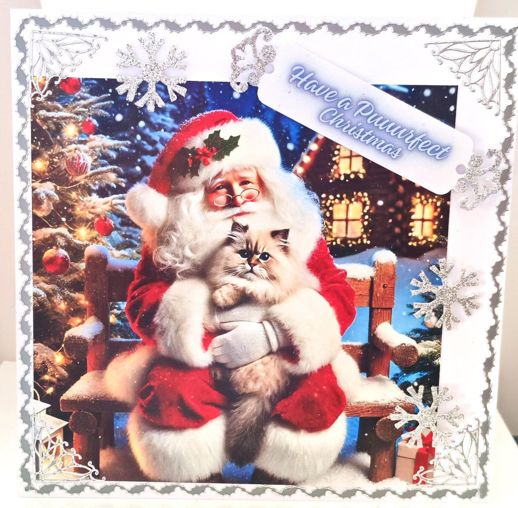 Luxury Handmade Santa with Cat Christmas Card | Have a Puurfect Christmas