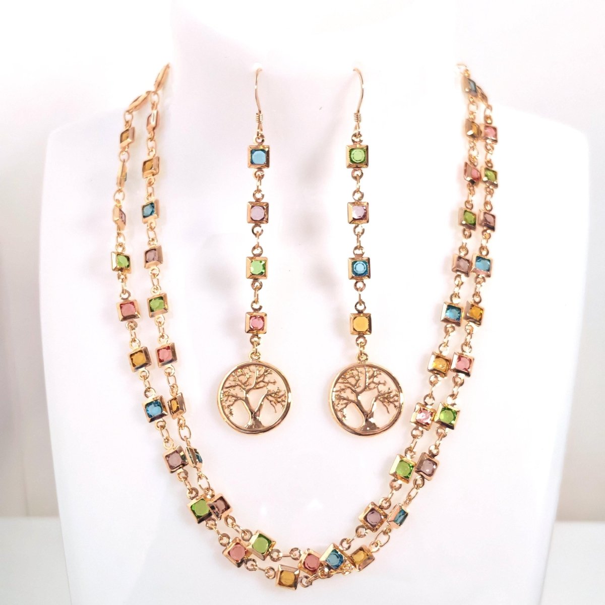 Extra Long Rainbow Crystal Chain Necklace & Earrings | Gold Tone | Tree of Life
