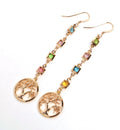 Extra Long Rainbow Crystal Chain Necklace & Earrings | Gold Tone | Tree of Life