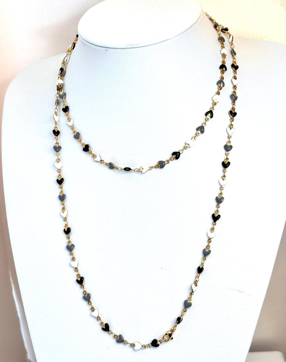 Extra Long Black White Heart Enamel Chain Necklace | Gold Tone | 40 or 78 Inch