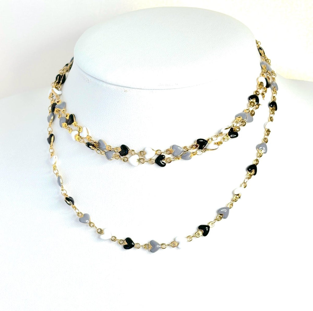 Extra Long Black White Heart Enamel Chain Necklace | Gold Tone | 40 or 78 Inch