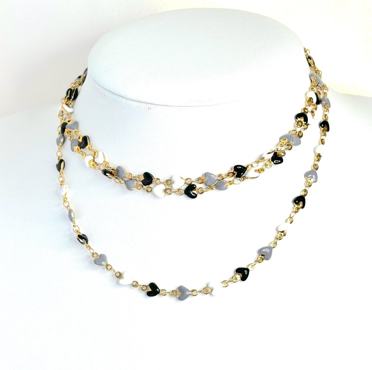 Extra Long Black White Heart Enamel Chain Necklace | Gold Tone | 40 or 78 Inch