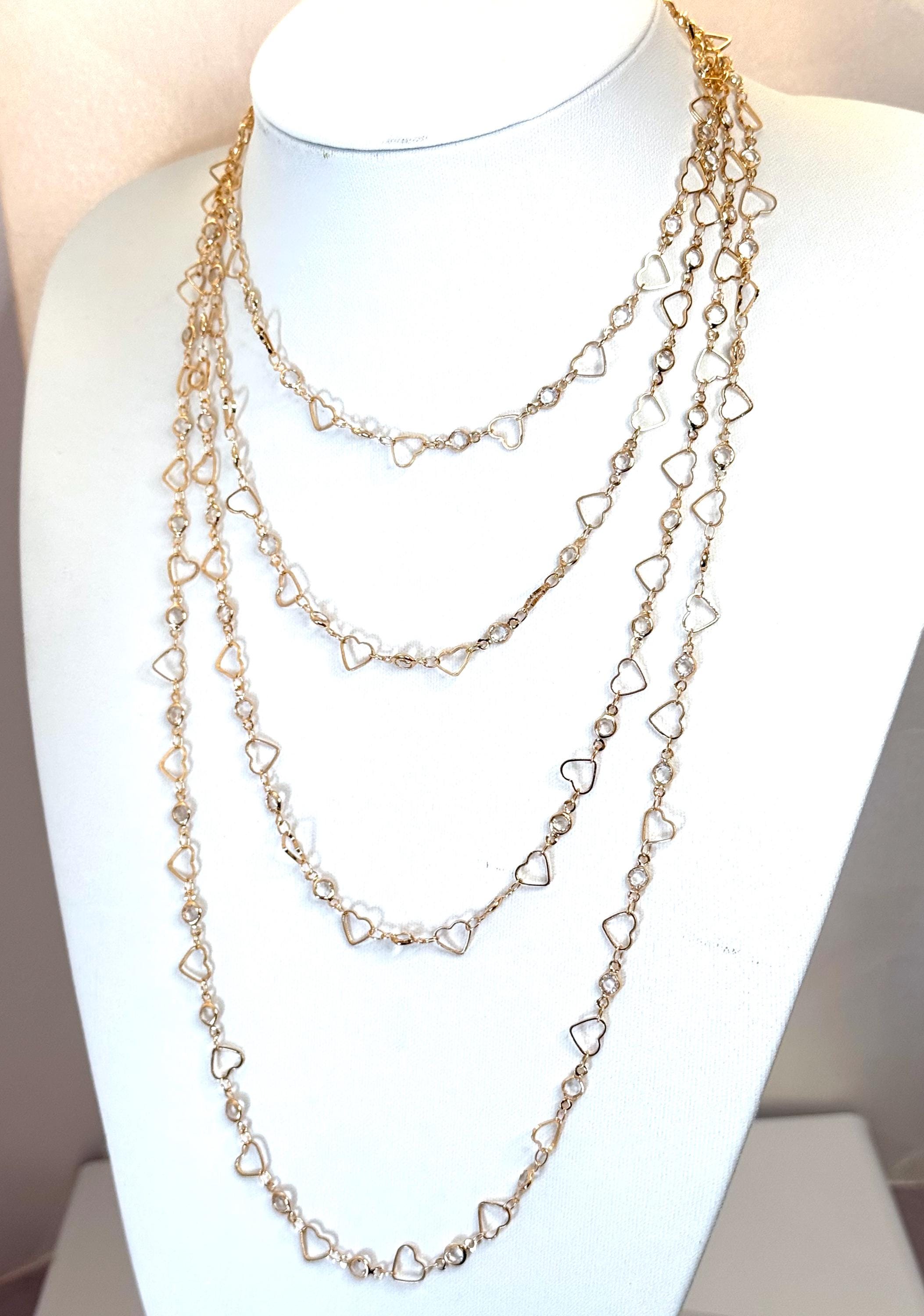 Gold Heart CZ Crystal Chain Necklace | Extra Long Statement Jewelry