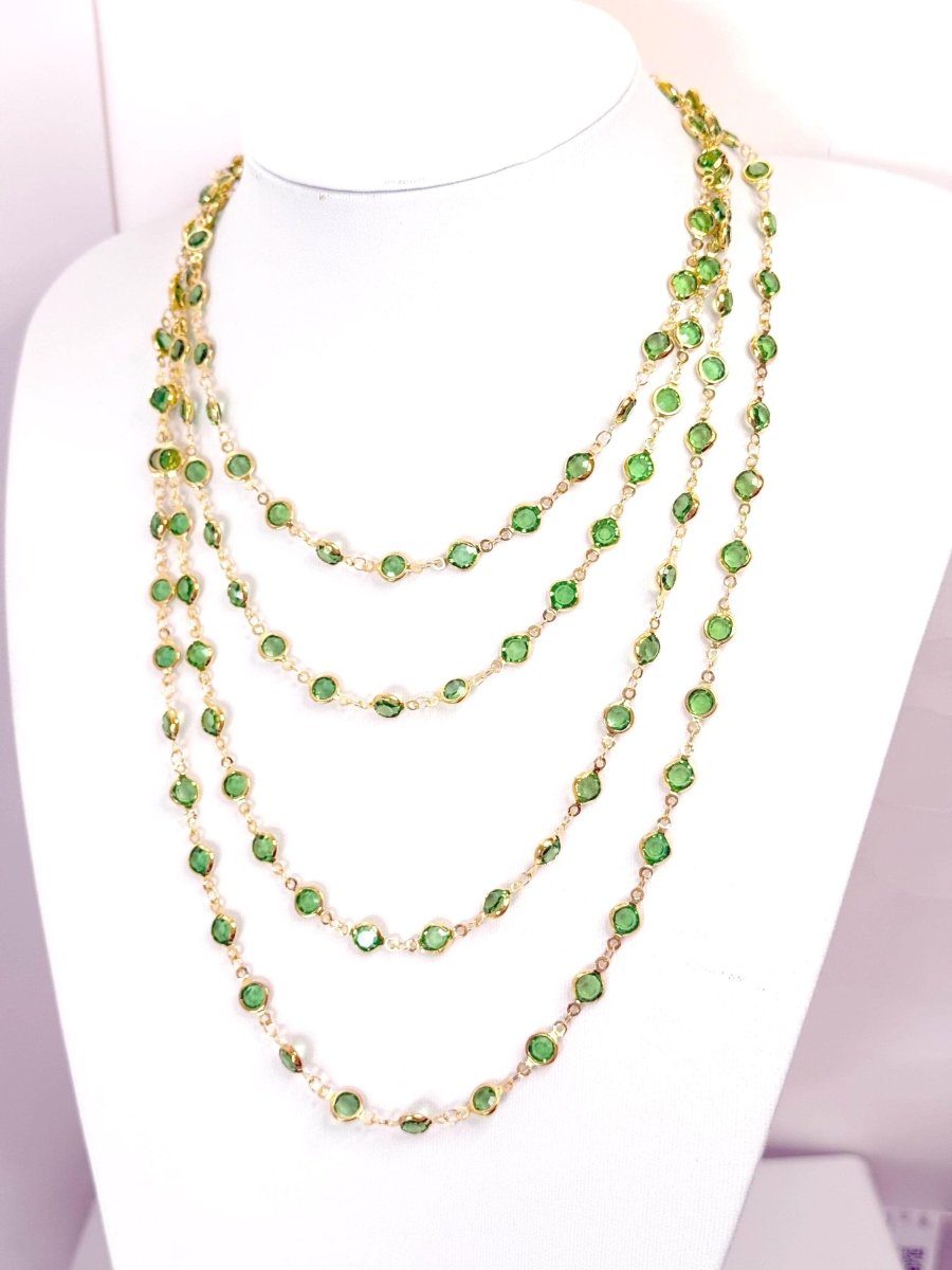 Extra Long Peridot Green Round CZ Crystal Chain Necklace | Gold Tone | 78/40 Inch 